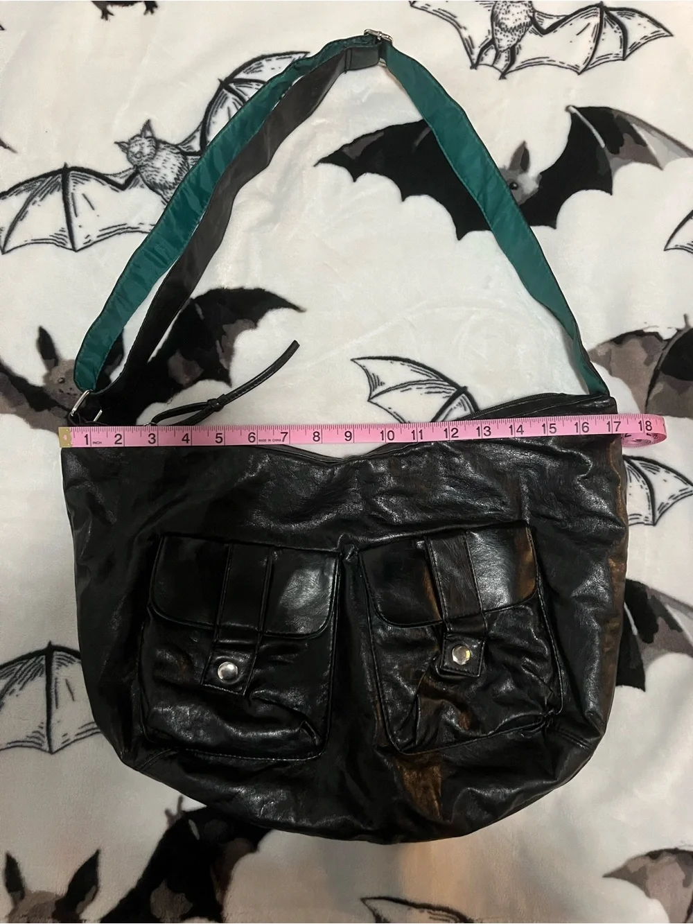Black Leather Hobo Bag with Teal Strap